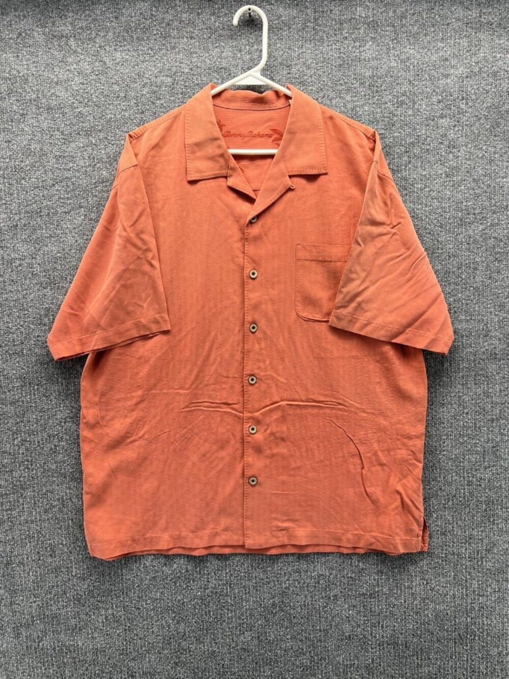 Tommy Bahama Shirt Men L Orange Solid Camp Short Sleeve Button Up Silk Casual